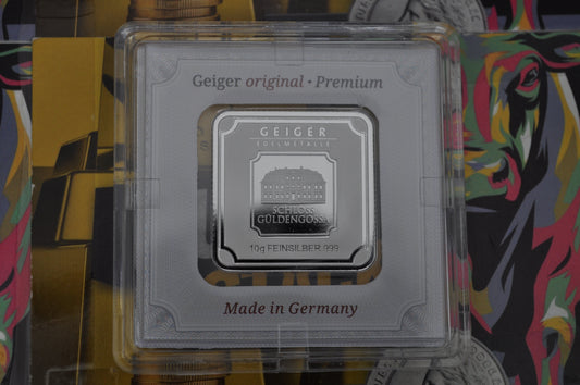 10g Geiger Edelmetalle Silver Square | .999 Fine Silver | Security-Enhanced Minted Bar in Capsule