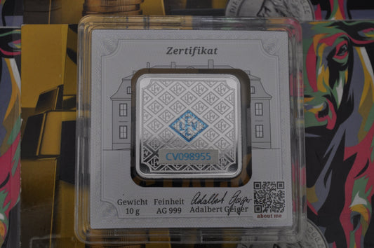 10g Geiger Edelmetalle Silver Square | .999 Fine Silver | Security-Enhanced Minted Bar in Capsule