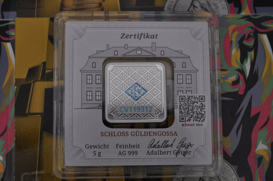 5g Geiger Edelmetalle Silver Square | .999 Fine Silver | Security-Enhanced Minted Bar in Capsule