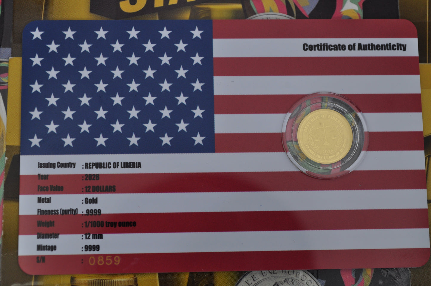 Republic of Liberia – Benjamin 1/1000 oz Gold Coin | .9999 Fine Gold | Limited Edition | In Assay Card