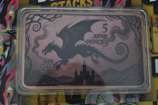 5 oz Copper Bar – “Flying Dragon” | .999 Fine Copper | High-Detail Engraving | In Capsule