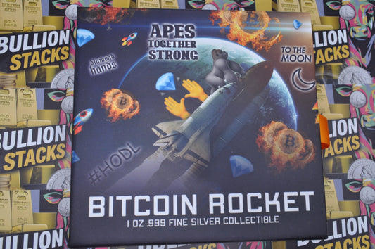Apes Together Strong – Bitcoin Rocket 1oz Silver Coin | République du Tchad | .999 Fine Silver | Limited 5,000 Mintage