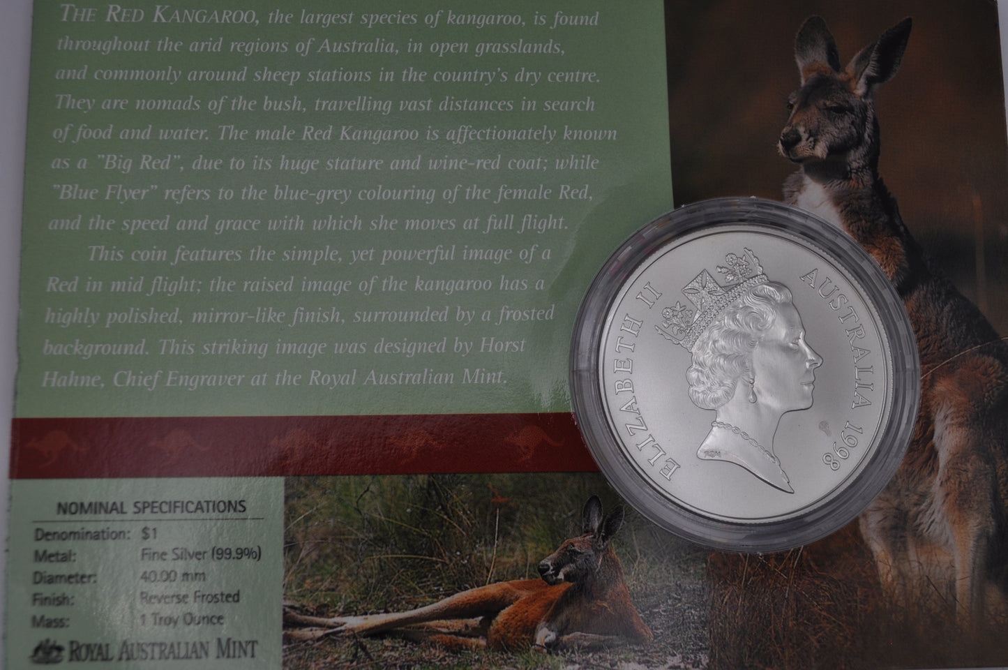 1998 1oz Silver Kangaroo Coin – Frosted Uncirculated – In Assay
