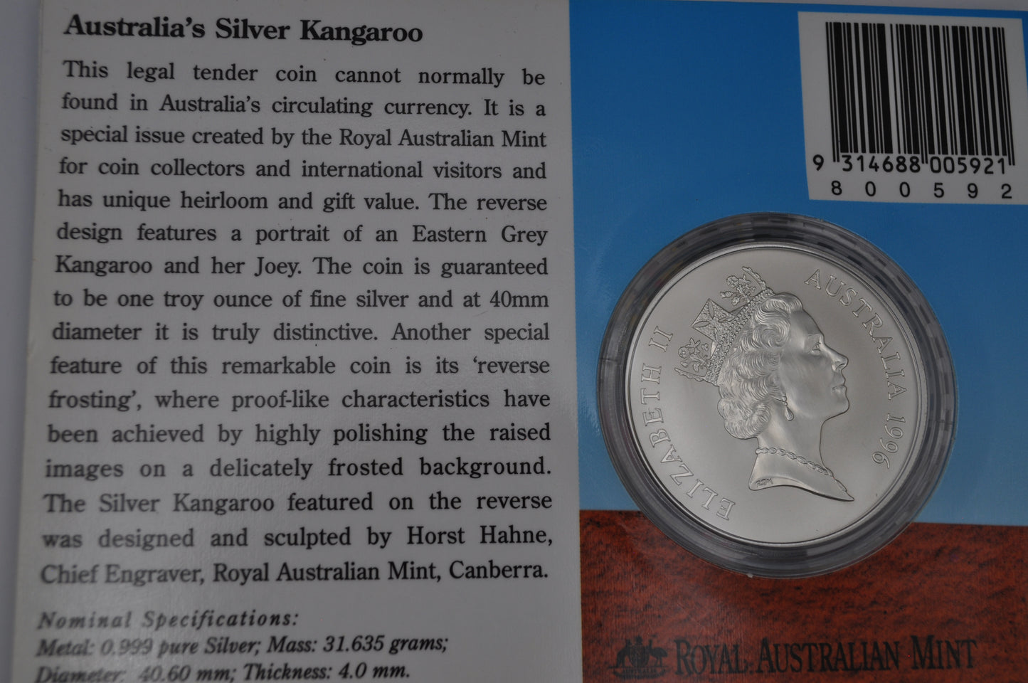 1996 1oz Silver Kangaroo Coin – Frosted Uncirculated – In Assay