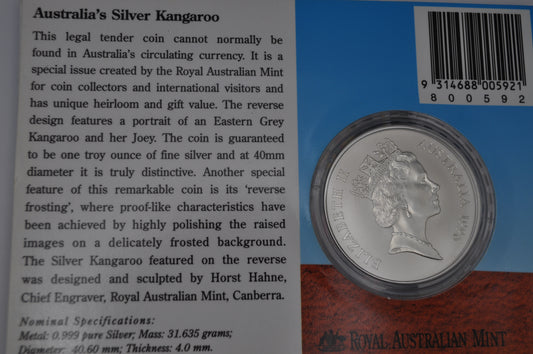 1996 1oz Silver Kangaroo Coin – Frosted Uncirculated – In Assay