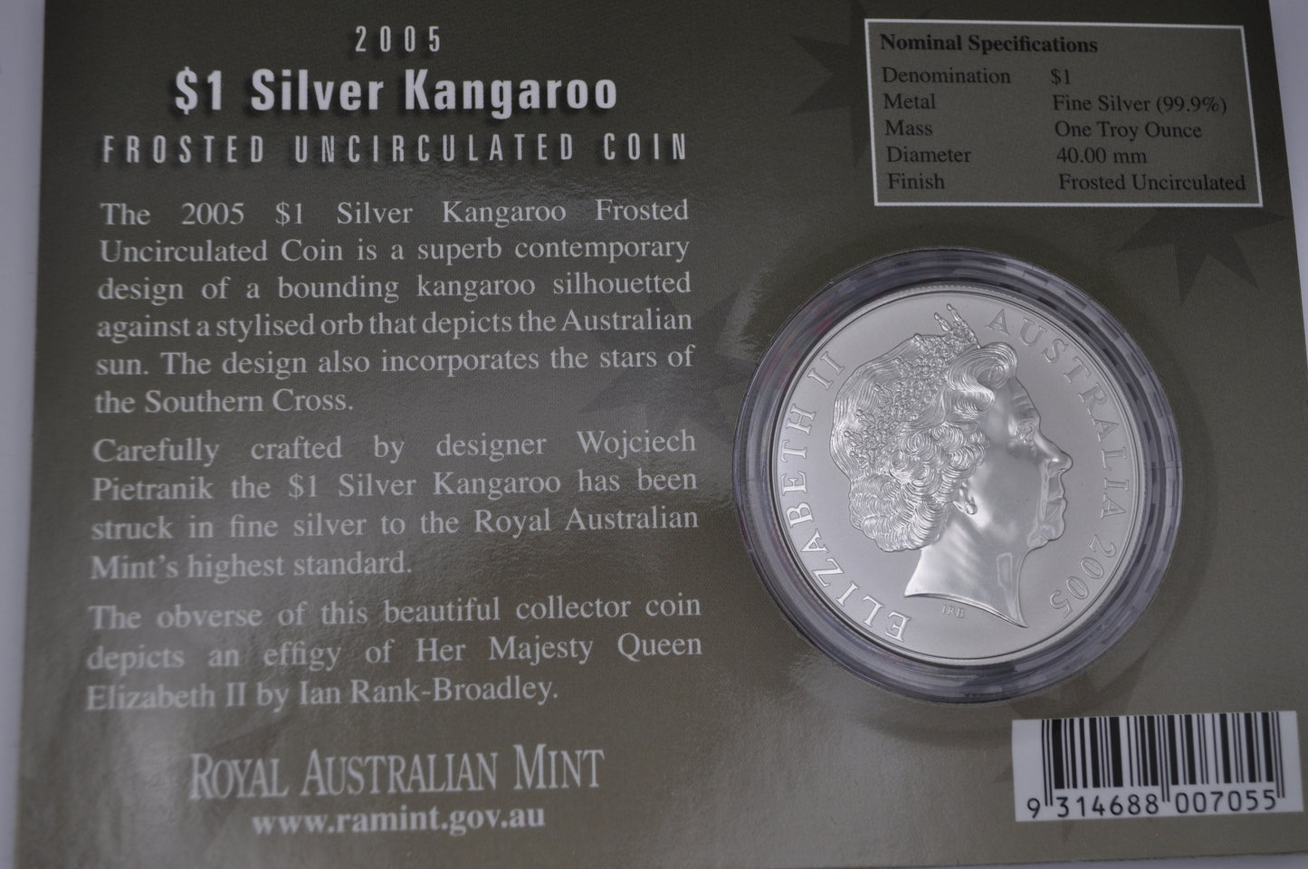 2005 1oz Silver Kangaroo Coin – Frosted Uncirculated – In Assay