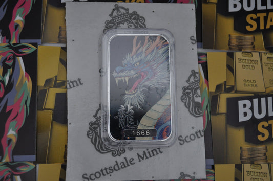 1oz Silver Dragon Bar “Jīng” – Scottsdale Mint | .999 Fine Silver | Sealed in OMP