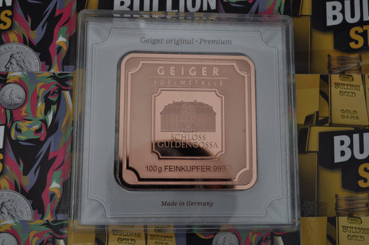 Geiger 100g Copper Bar | Schloss Güldengossa Design | Sealed Assay Card | Fine Copper Bullion