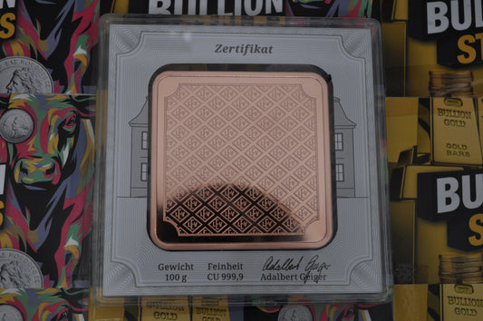 Geiger 100g Copper Bar | Schloss Güldengossa Design | Sealed Assay Card | Fine Copper Bullion