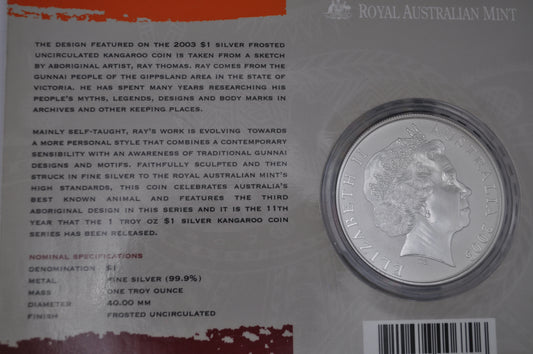 2003 1oz Silver Kangaroo Coin – Frosted Uncirculated – In Assay