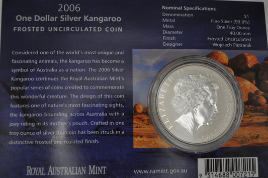 2006 1oz Silver Kangaroo Coin – Frosted Uncirculated – In Assay