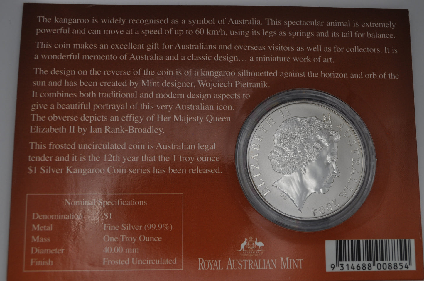 2004 1oz Silver Kangaroo Coin – Frosted Uncirculated – In Assay