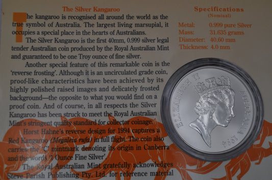 1994 1oz Silver Kangaroo Coin – Frosted Uncirculated – In Assay
