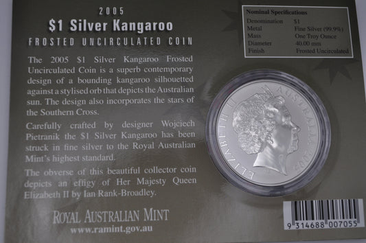 2005 1oz Silver Kangaroo Coin – Frosted Uncirculated – In Assay