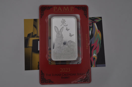 1oz Silver Bar - PAMP Suisse Lunar Calendar Series: Year of the Rabbit | .999 Fine Silver | In Assay