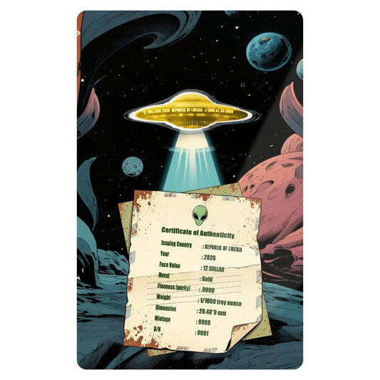 2026 Liberia UFO A Letter From Outer Space Shaped 1/1000 oz .9999 Gold Coin in Card